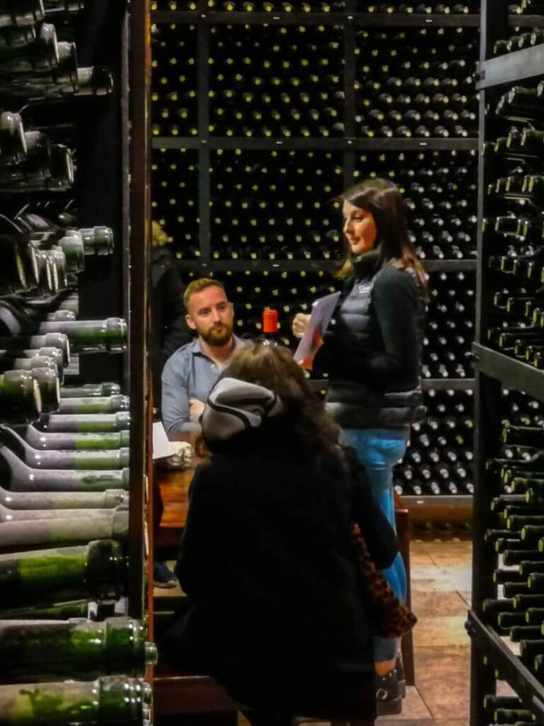 Guía especializada explicando la historia del vino en la cava de Bodega Catena Zapata - Mendoza Wine Transfers