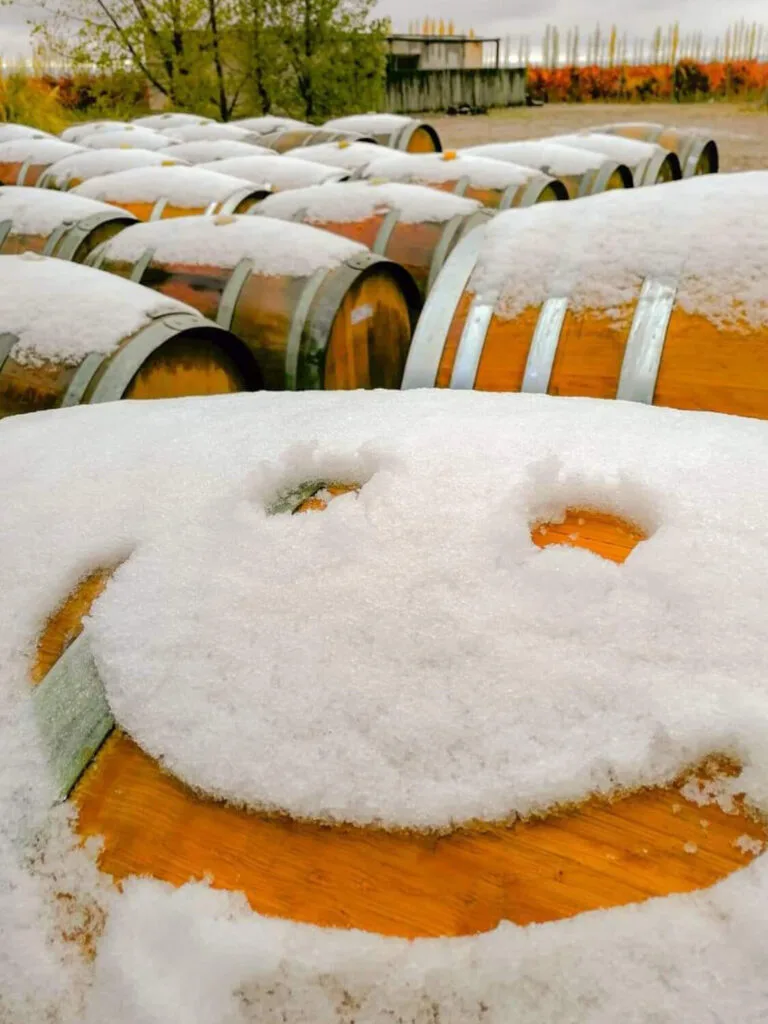 Barricas con nieve en Bodega Sophenia Gualtallary Mendoza - Wine barrels in the snow Valle de Uco - Barricas com neve em Mendoza Wine Transfers mwt