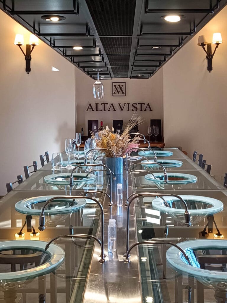 Sala de cata técnica en Bodega Alta Vista con mesa de degustación transparente - Mendoza Wine Transfers